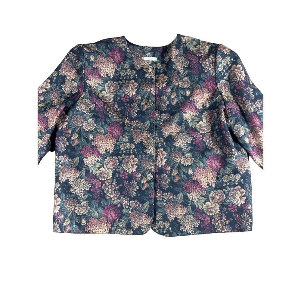 VTG‎ Jacket Blouse Floral Pattern Gold Buttons Dark Blue Purple 40 20W Large XL